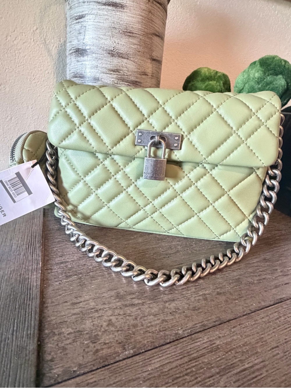 Kurt Geiger Quilted Light Green Crossbody with Silver Chain